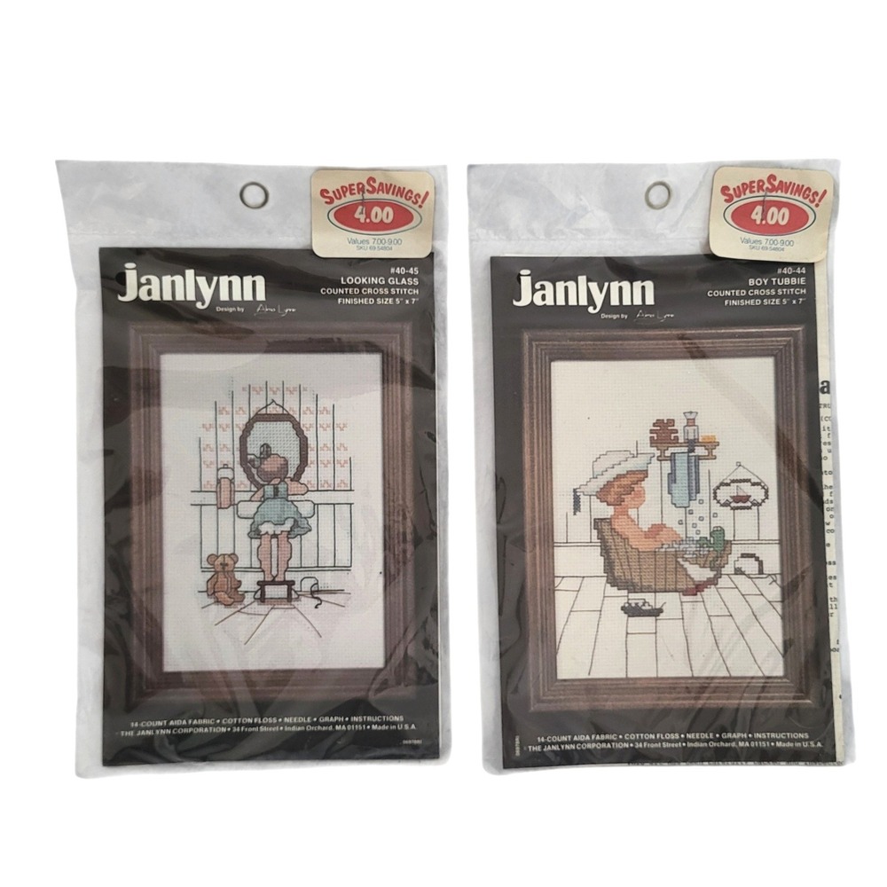 2 pc Lot Janlynn 14 Ctd Cross Stitch Kits Bathroom Kids Boy in Tub Ballerina 5x7